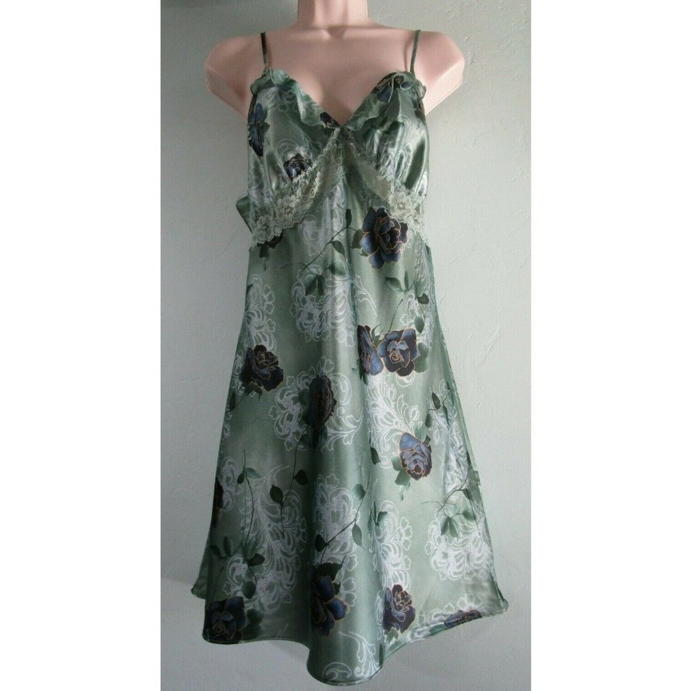 Green Satin Blue Roses Lace Chiffon Trim Negligee Medium Secret Treasures EUC